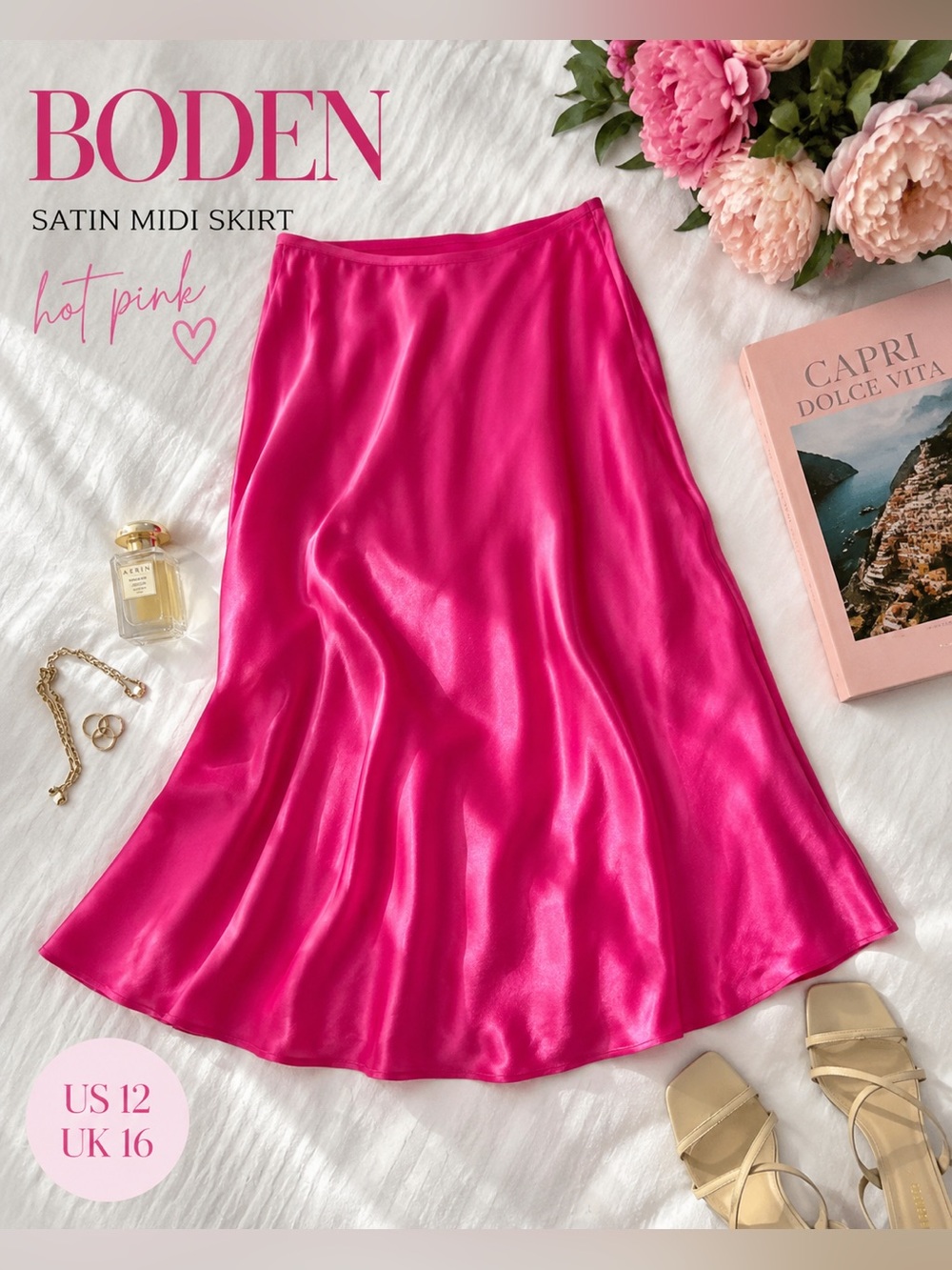 Boden Hot Pink Satin Midi Skirt Women’s US 12 Bias Cut A-Line
